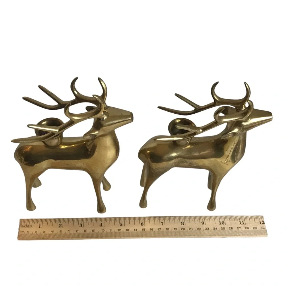 Pottery Barn Brass Reindeer Candle Holders 8” Vintage Christmas Taper Pair